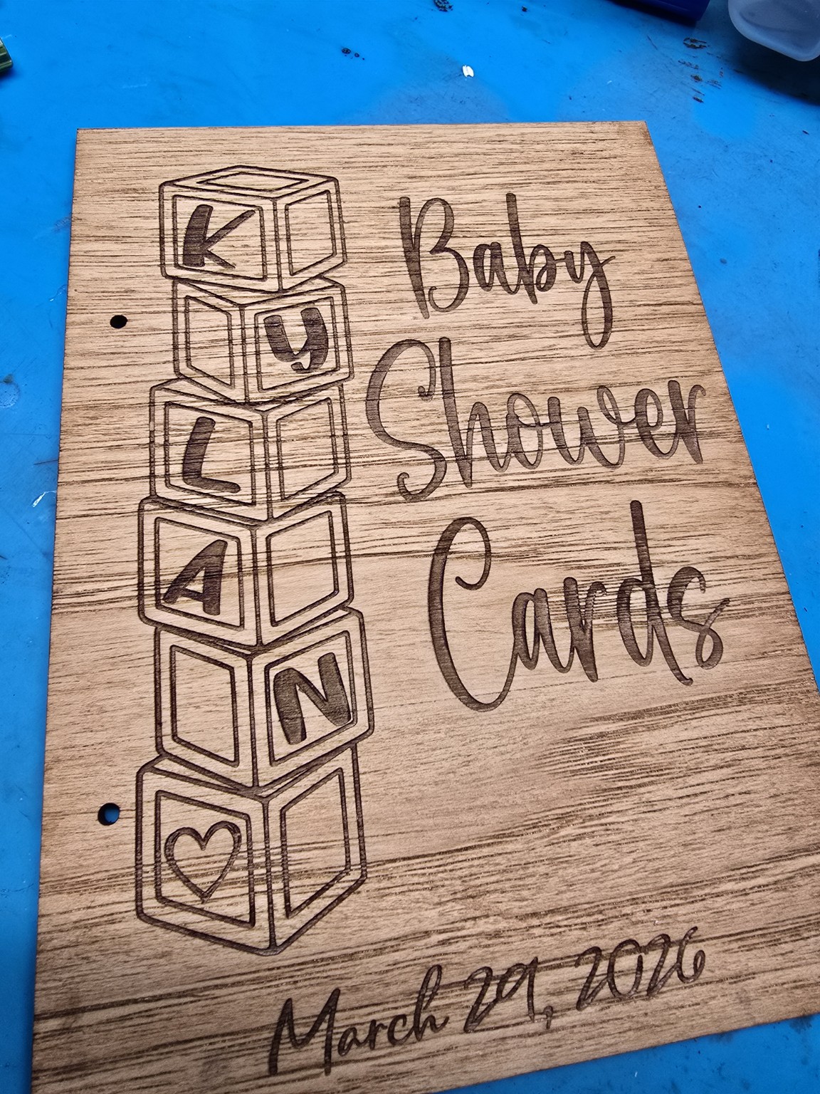 Laser-engraved baby shower cards sign made from wood