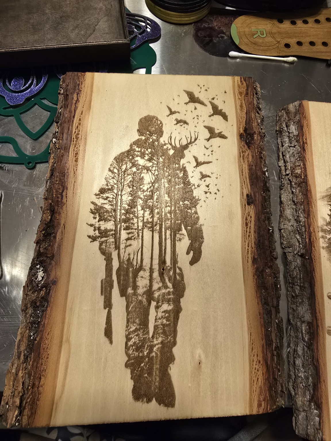 Laser-engraved wood artwork made by 603SparkedTimber
