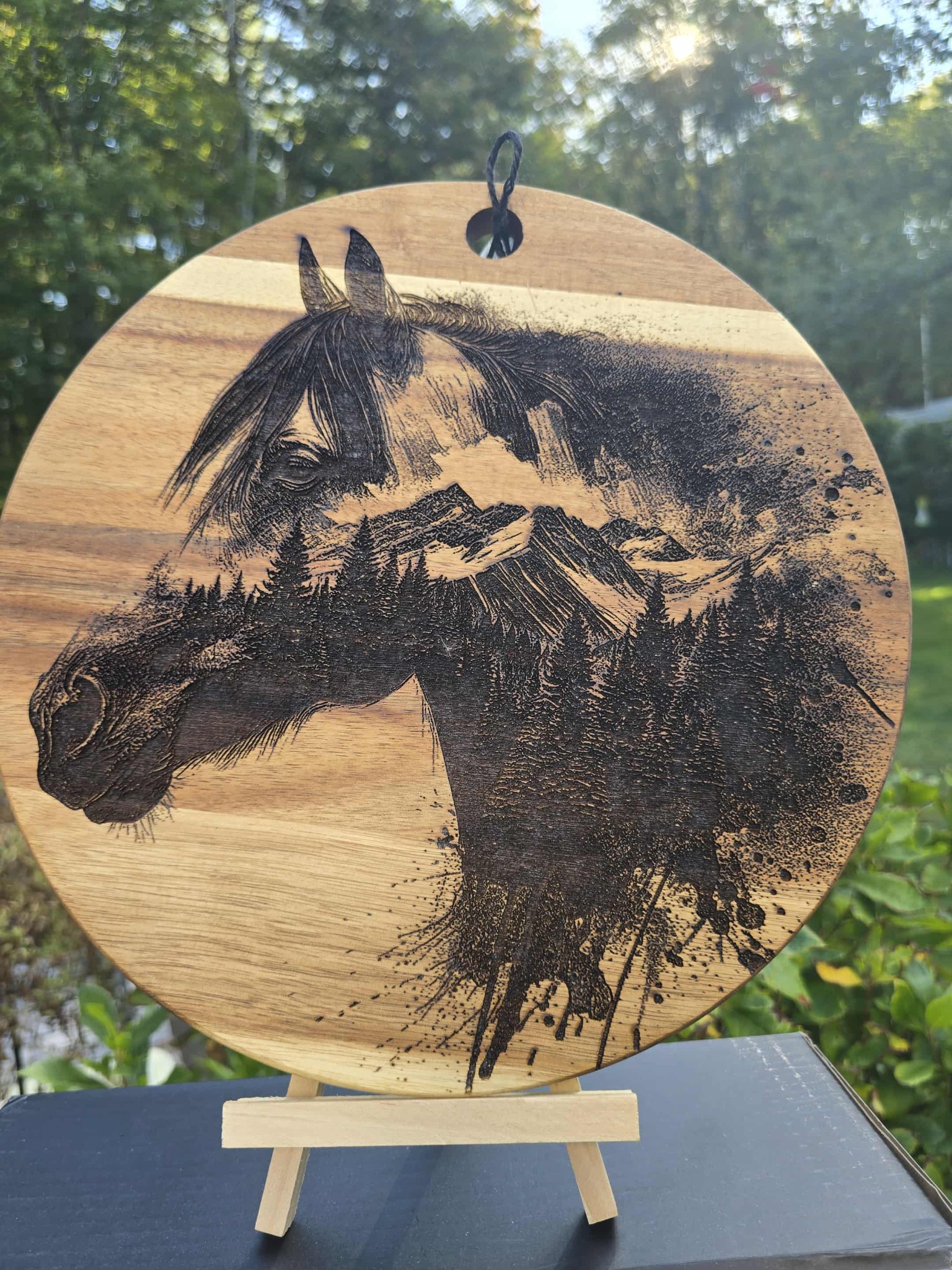 Horse and mountain scene engraved on a round wood plaque